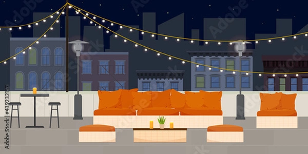 Fototapeta Flat vector illustration of rooftop terrace bar lounge at night with cozy warm couches and chairs on the background of city scape with walk-up buildings and skyscrapers.