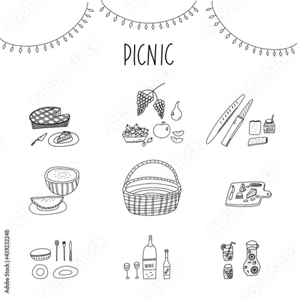 Fototapeta Han drawn vector illustration of picnic party essentials basket, picnic table, snacks, wine, fruits, cheese, pie,  and party garlands. Cartoon abstract doodle style isolated on white background.