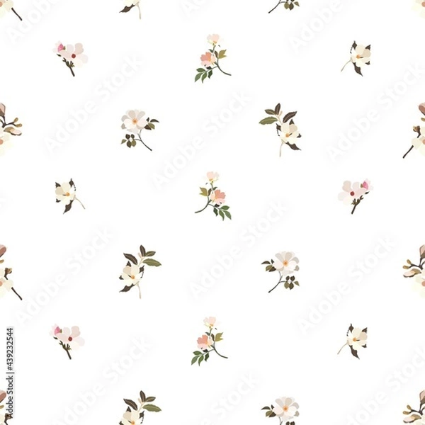 Fototapeta Vintage flowers. Seamless pattern. A branch of a blossoming tree. Flat vector isolated illustration. Pastel colors.
