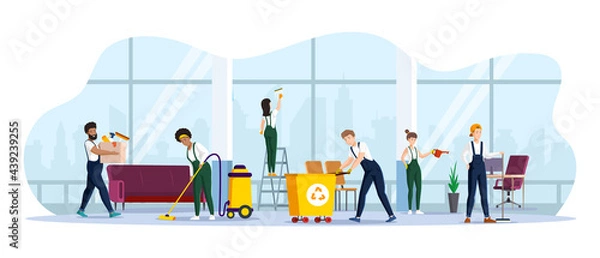 Fototapeta Cleaning service diverse team working at modern office. Hygienic cleanup at coworking center