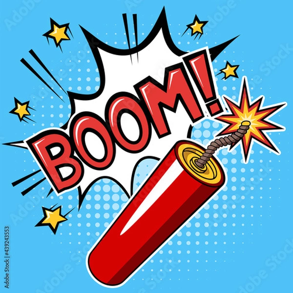 Fototapeta Dynamite stick or firecracker with a burning fuse and explosion with text BOOM on blue background
