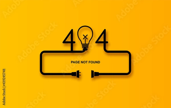 Fototapeta Modern vector illustration of 404 error page vector template for website, light bulb Electric Plug and Socket unplugged. Concept of Electrical theme web banner, disconnection, loss of connect. yellow