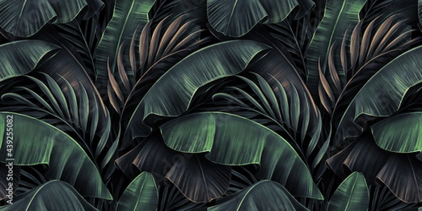 Fototapeta Neon bright banana leaves, palms on dark background. Seamless pattern. Vintage tropical 3d illustration. Luxury modern wallpapers, fabric printing, cloth, tapestries, posters, invintations, cards