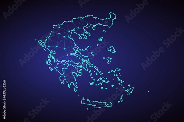Fototapeta Map of greece. Wire frame 3D mesh polygonal network line, design sphere, dot and structure. communications map of greece. Vector.