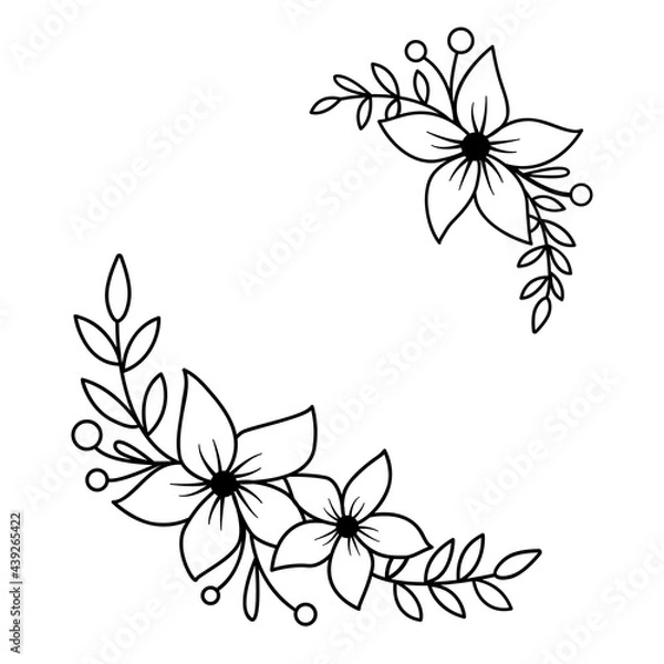 Fototapeta Floral corner in vector isolated on white background. Simple frame with flowers and leaves in outline style