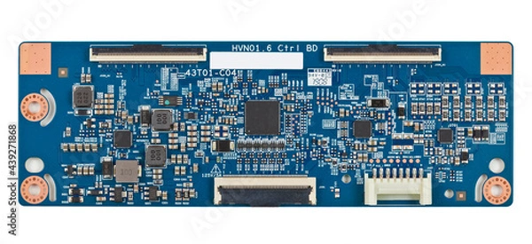 Obraz Electronic board with radio parts, connectors, slots and chip processor from electronic device isolated on a white background. Top view.