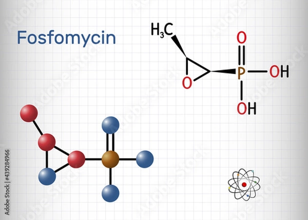 Fototapeta Fosfomycin, phosphomycin, phosphonomycin molecule. It is synthetic antibiotic with antimicrobial, bactericidal properties. Sheet of paper in a cage