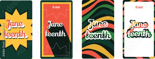 Fototapeta Juneteenth - June 19 - social media stories kit on white background devoted to emancipation of those who had been enslaved in the United States. Holiday celebrated annually in the USA.