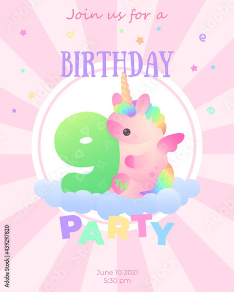 Obraz Postcard with cute plump pink unicorn with rainbow hair and green number 9 sitting on cloud with stars and stripes  around. Holiday, birthday illustration for greeting card, banner, party.