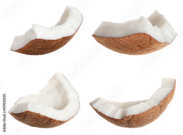 Fototapeta Set with pieces of ripe coconut on white background