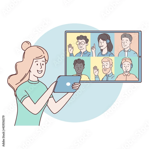 Fototapeta Collective virtual meeting and group video conference. Woman talking with friends online. Vector flat modern  illustration worker using tablet for videoconference, remote work, technology concept. 