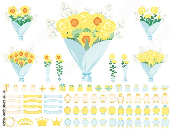 Obraz ひまわりと黄バラの花束のイラストセット。父の日に贈る花。
