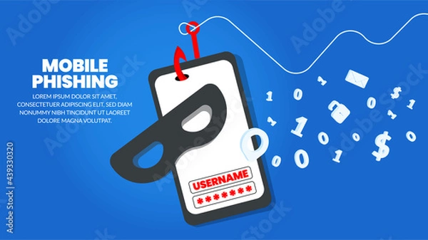 Fototapeta Hacker mask and fishing hook isolated on blue background. Phishing scam, Hacking credit cards, passwords and personal information. Cyber banking account attack and email phishing concept. Vector.