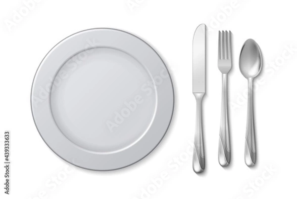 Fototapeta Isolated plate knife fork. Cutlery on napkin, serving table. Restaurant or cafe, bar equipment. Metal kitchen tools vector elements