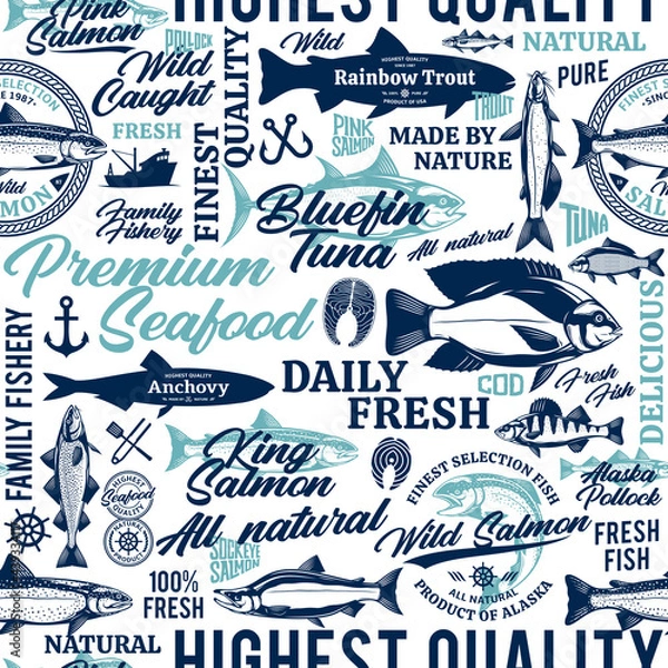 Fototapeta Vector fish seamless pattern, logo and design elements. Fish silhouettes and illustrations