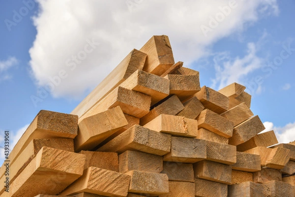 Fototapeta Stacked lumber on blue sky. Folded wood.Closeup wooden boards. The surface of the end of the board. Lots of planks stacked on top of each other in the warehouse. Lumber for use in construction.