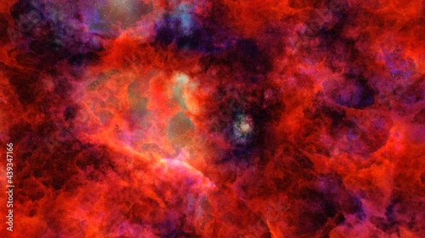 Obraz 3D rendering of red colorful nebula and cosmic gas clusters with stars in a distant galaxy. Abstract fog nackground.
