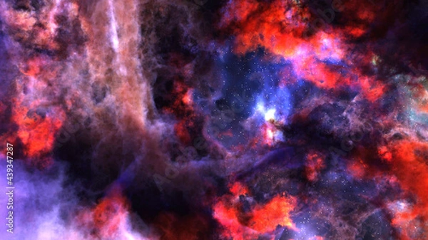 Fototapeta 3D rendering of dark colorful nebula and cosmic gas clusters with stars in a distant galaxy. Abstract fog nackground.