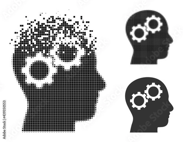 Obraz Dust pixelated brain gears glyph with wind effect, and halftone vector symbol. Pixelated transformation effect for brain gears demonstrates speed and movement of cyberspace items.