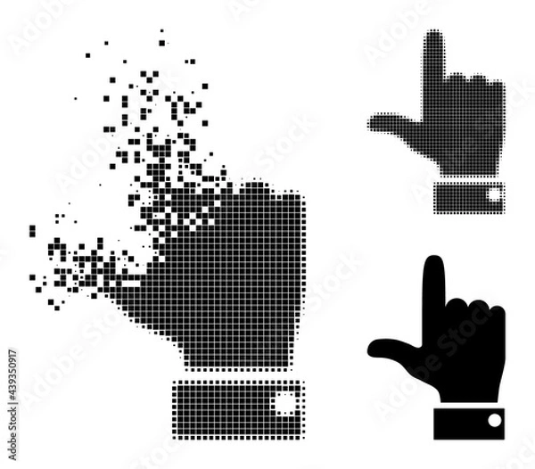Fototapeta Destructed pixelated hand pointer up pictogram with destruction effect, and halftone vector pictogram.