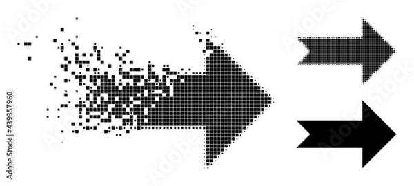 Obraz Dispersed pixelated arrow right glyph with destruction effect, and halftone vector icon. Pixelated abrasion effect for arrow right reproduces speed and motion of cyberspace objects.