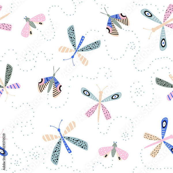 Fototapeta Seamless pattern with flying butterflies, moths scandinavian style. Modern butterfly texture .Vector modern background