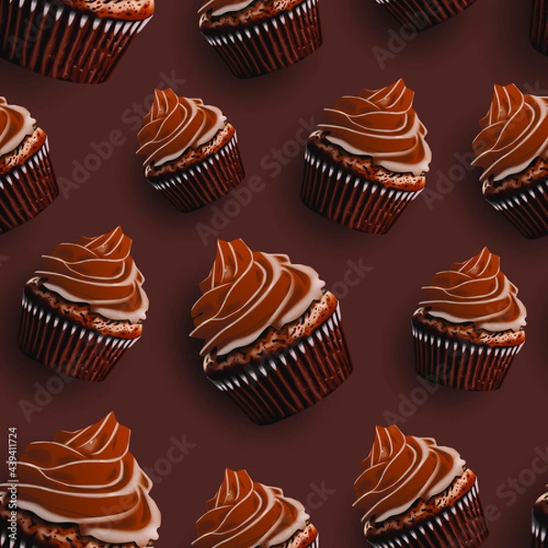Fototapeta Chocolate cupcake pattern. Realistic vector illustration of muffins with cream