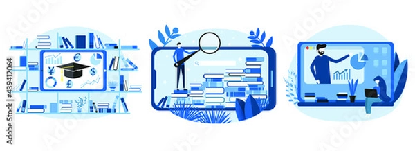 Fototapeta Set of flat illustrations online learning, data analysis and information retrieval. Vector icons for website development