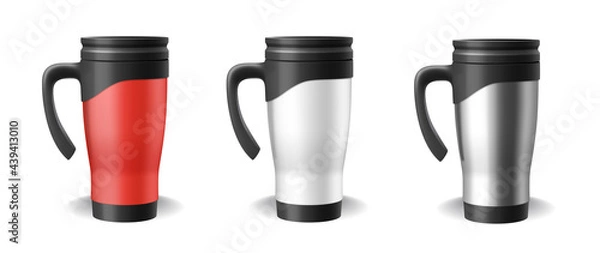 Fototapeta Set of thermo cups realistic blank templates in red, white and silver. 3d travel mug and thermos