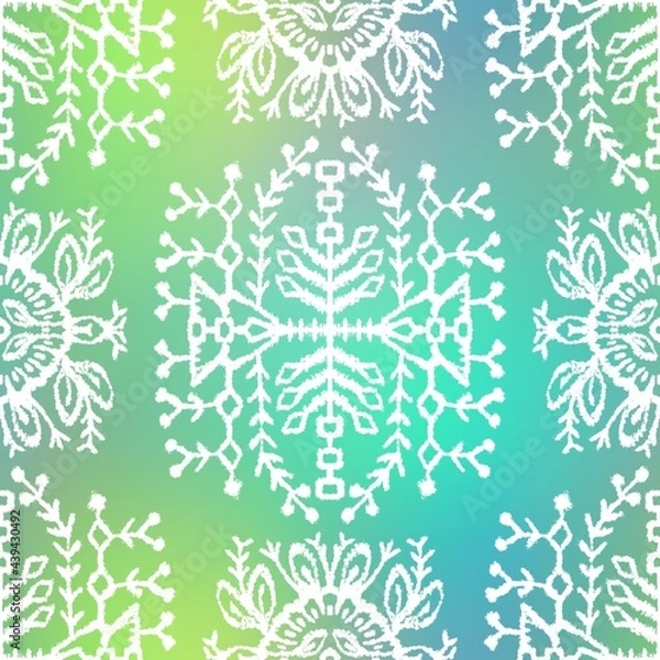 Fototapeta Seamless gradient mesh blurry background tribal ethnic rug motif pattern. High quality illustration. White hand drawn boho gipsy design on blue and green faded backdrop. Holographic iridescent look.