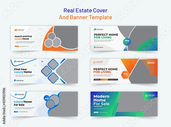 Obraz Real estate Facebook cover banner template design, modern abstract flat corporate real estate construction Facebook cover bundle, banner, timeline cover, social media post, web banner, template design