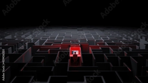 Obraz Office worker trapped in a maze. Workaholic, social isolation concept. Digital 3D rendering.