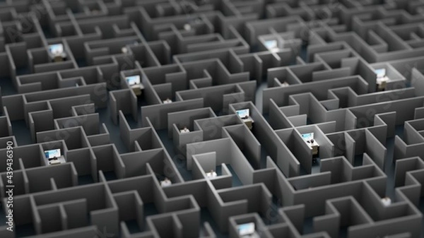Obraz Office workers trapped in a maze. Workaholic, social isolation concept. Digital 3D rendering.