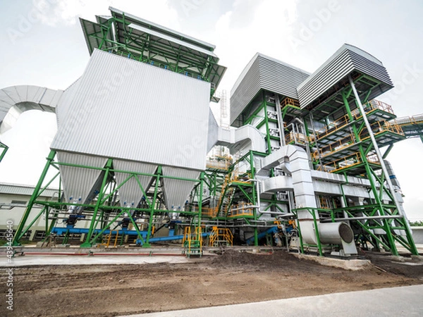 Fototapeta An electrostatic precipitator and stack in biomass power plant.