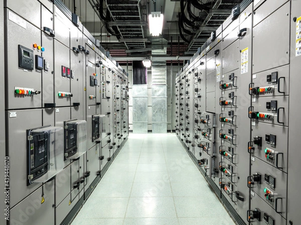 Fototapeta Electrical switchgear, Industrial electrical switch panel at substation in industrial zone at power plant with closed up high resolution 50M pixel concept which customer can use for large file.