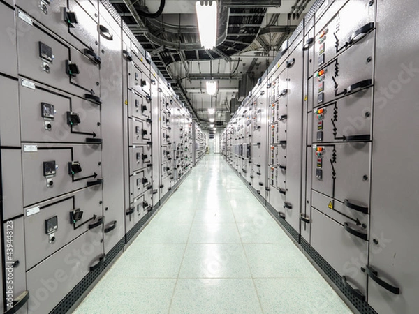 Fototapeta Electrical switchgear, Industrial electrical switch panel at substation in industrial zone at power plant with closed up high resolution 50M pixel concept which customer can use for large file.