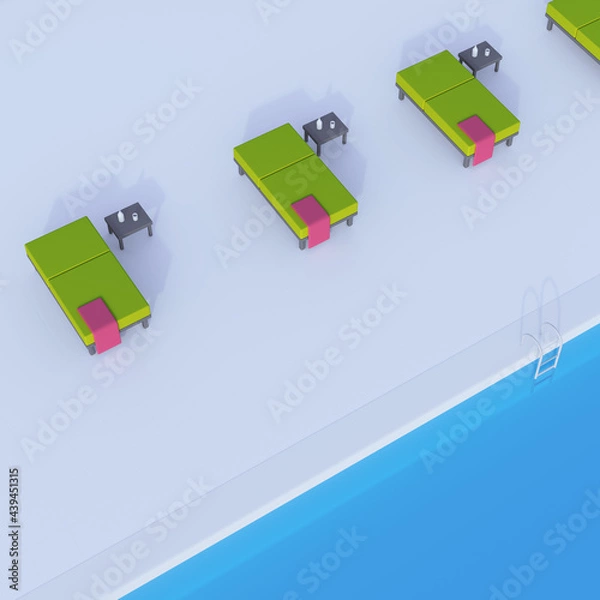 Fototapeta Sun loungers lined up by the pool..