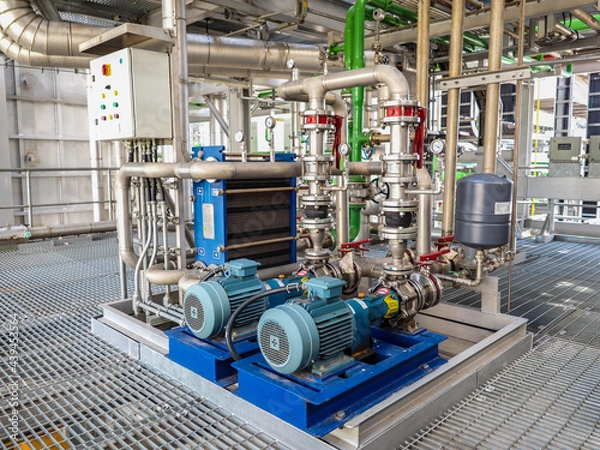 Fototapeta Pump and motor which popular to install with pipe in industrial such chemical, power plant, oil and gas.