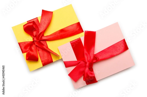 Fototapeta Envelope with colourful ribbon on white
