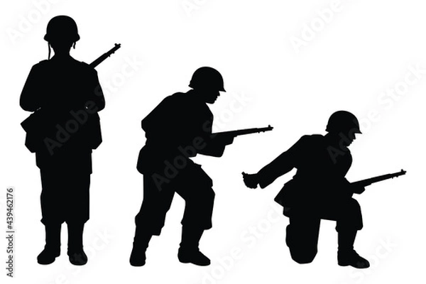 Obraz Set of US soldier with a rifle weapon during world war 2 silhouette vector on white background