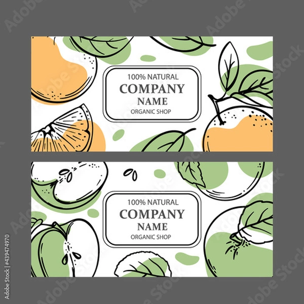 Obraz ORANGE GREEN APPLE LABELS Design Of Stickers For Shop Of Tropical Organic Natural Fresh Juicy Fruits And Dessert Drinks In Sketch Style Vector Illustration Set