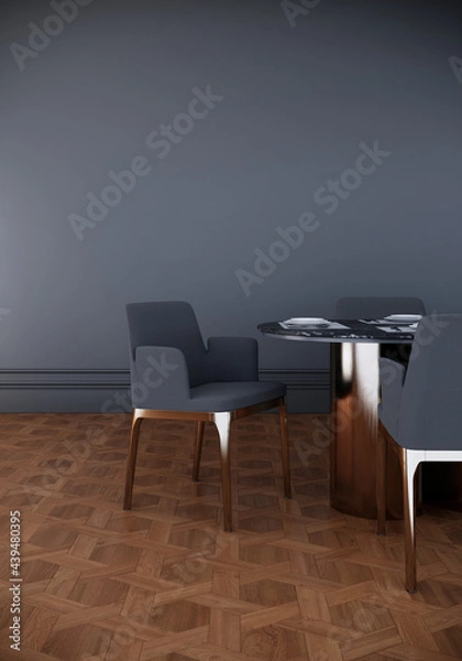 Obraz modern luxury dinning room interior design with chairs and dining table. wooden floor and gray wall, 3d rendering vertical background