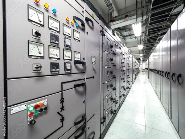 Fototapeta Electrical switchgear, Industrial electrical switch panel at substation in industrial zone at power plant with closed up high resolution 50M pixel concept which customer can use for large file.