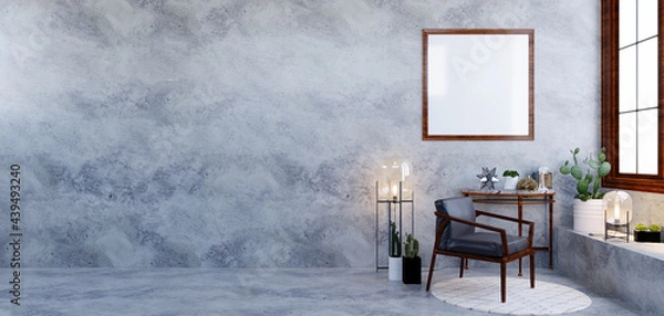 Obraz 3d rendering,3d illustration, Interior Scene and Frame mockup, Polished plaster walls, dark wood furniture.