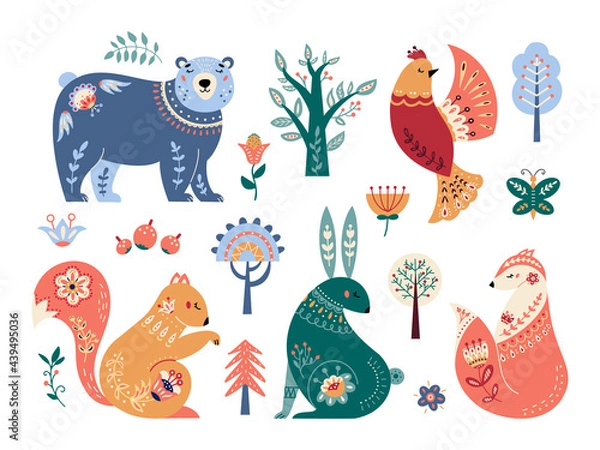 Obraz Scandinavian animals set Folk forest vector illustration