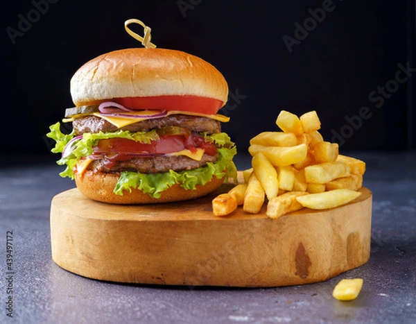 Obraz Hamburger with two cutlets on a light wooden board next to French fries