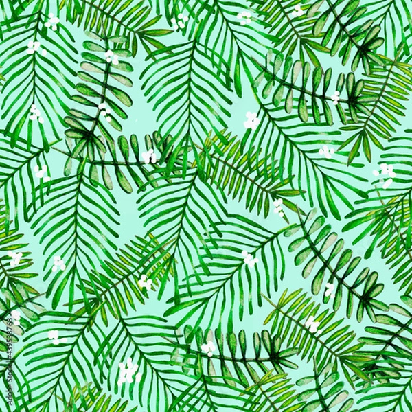 Fototapeta Watercolor hand drawn different leaves pattern, palm leaves pattern, natural background
