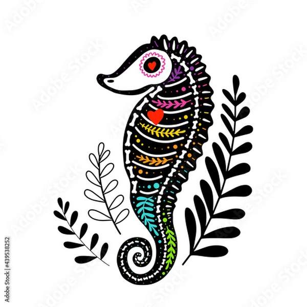Fototapeta Vector colorful postcard with animal. Dia de los Muertos, Day of the dead or Halloween concept. Sea horse skeleton, with leaves, isolated on white background
