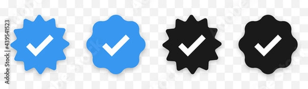 Obraz Verified badge profile set. Social media account verification icons . Isolated check mark  on black and blue. Guaranteed signs. Vector illustration.