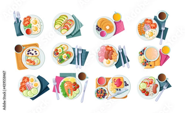Fototapeta Collection of morning healthy food top view. Set classic breakfast dish tasty fresh brunch
